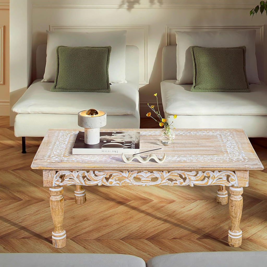 Rectangular Wooden Coffee Table 36x24x18 Inch – Beige Finish with Cutwork Jali Carving, Rustic Farmhouse Style, Mid-Century Modern Living Room Furniture