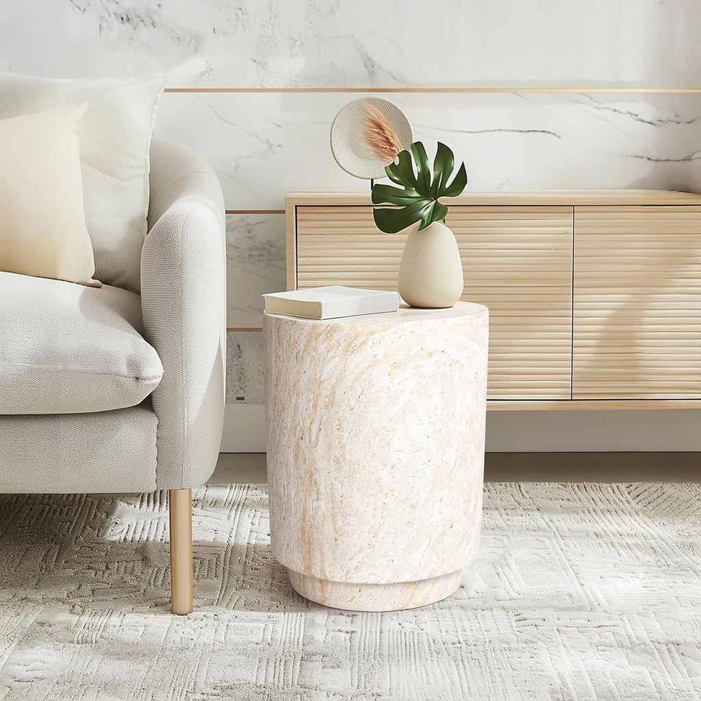 Empire Art Direct Cylinder Travertine Stone Finish Italian Design MgO Side Accent Table, Living Room, Bedroom & Office, 14.2'x14.2'x18.3'
