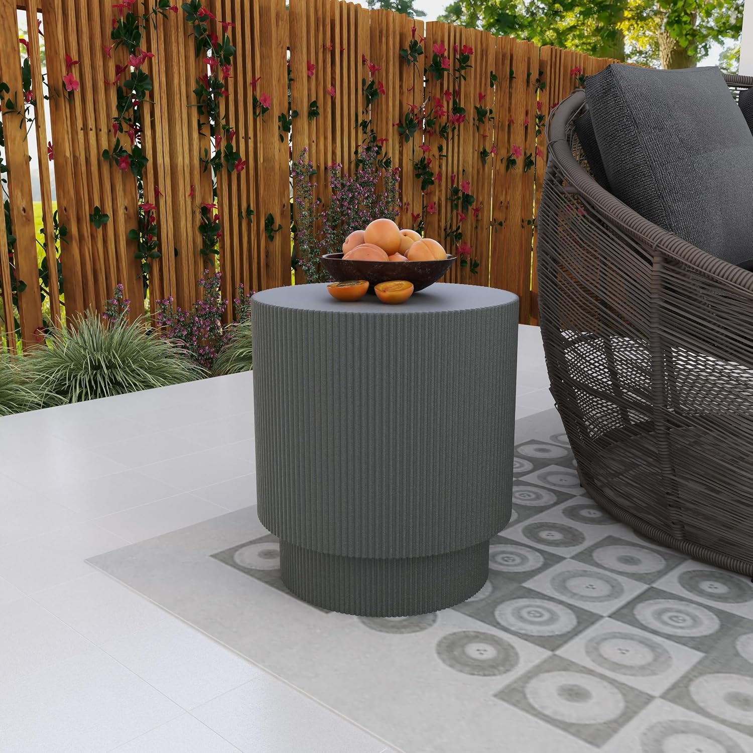 LeisureMod Modern Side Table Round Fiberstone Top Accent End Table for Home, Outdoor Patio, Living Room Sofa, Weather-Resistant, Eden Series in Grey