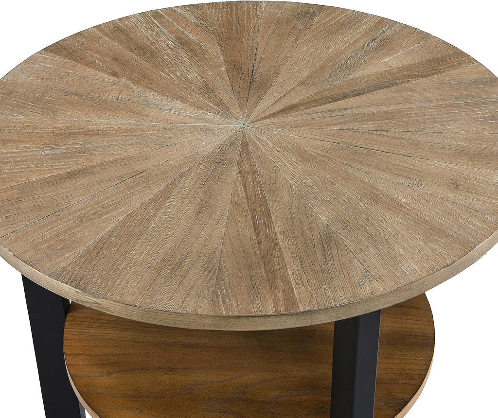 Round Large End Table with 2 tire Storage Shelf, 25.2' Solid Wood Sofa Side Table with Black Metal Frame, Beside Table for Living Room,Small Space Rustic Natural CJZ1338