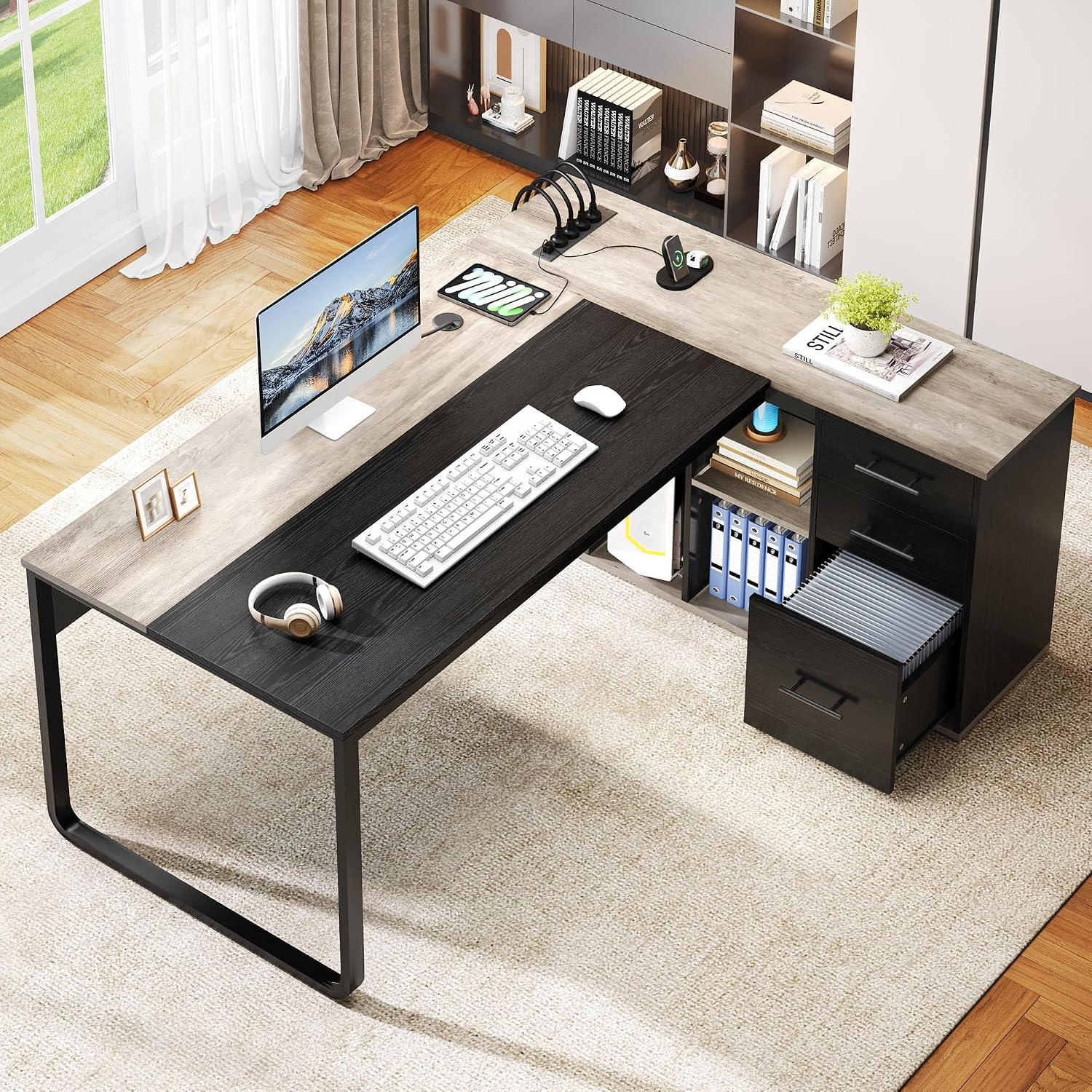 DWVO 71' Executive Desk with Power Outlets, L Shaped Executive Desk with File Cabinet, Computer Desk with Drawers & Storage Shelves, Corner Office Desk with Bookshelf for Home Office, Grey + Black