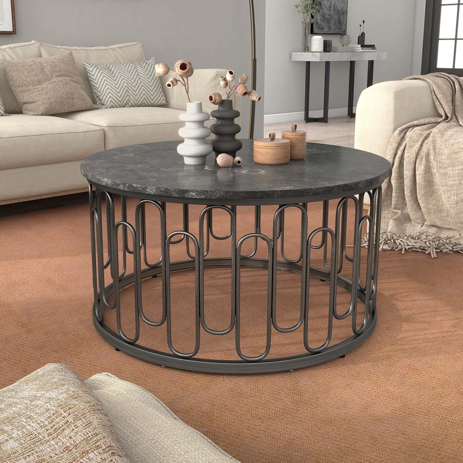 Furniture of America Davis Modern Round Coffee Table with Marble Top & Sturdy Metal Legs & Open Shelf for Living Room, Apartment, Small Space, Black
