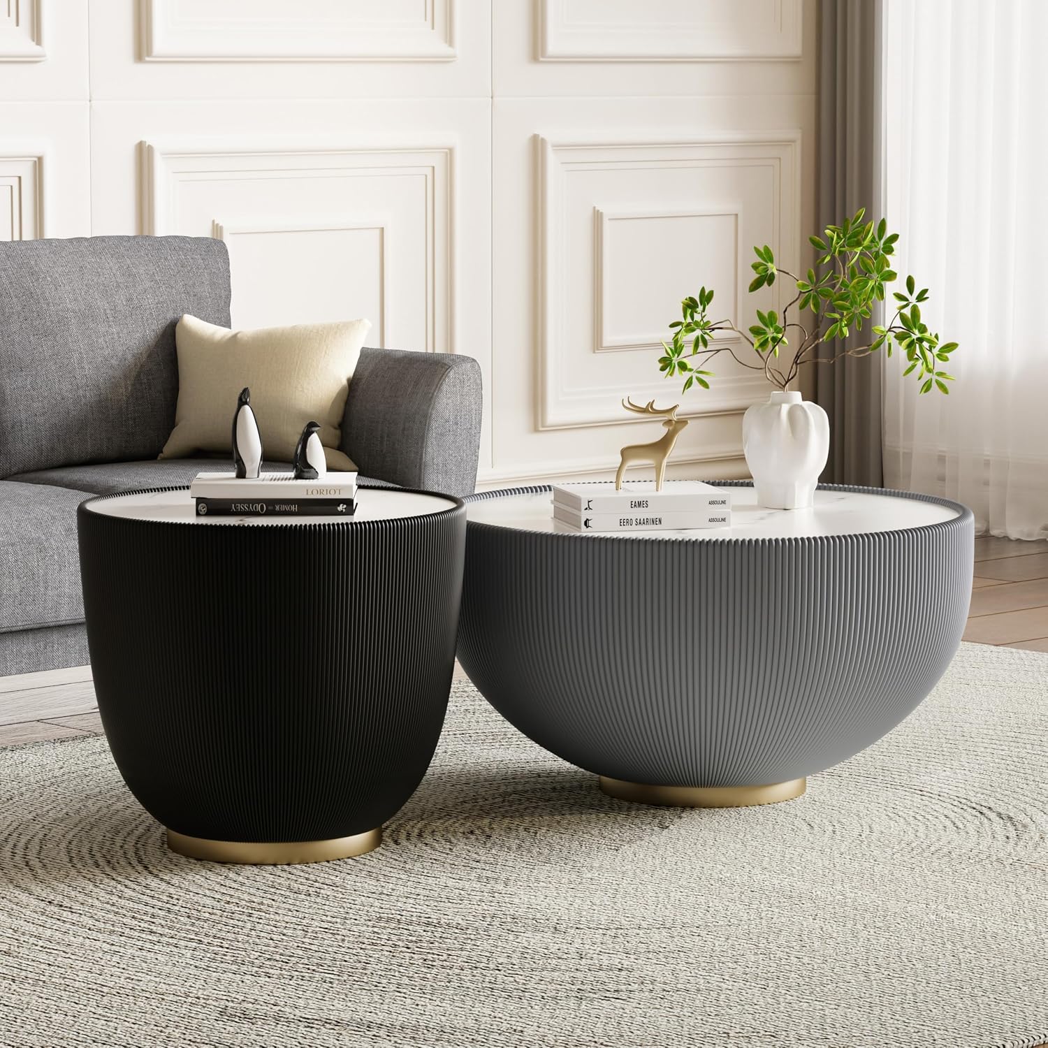 Modern Round Coffee Table Set of 2 Luxury Sintered Stone Top Coffee End Table in Grey/Black Leatherette Creative Bowl-Shape Small Coffee Side End Tables for Living Room,Fully Assembled
