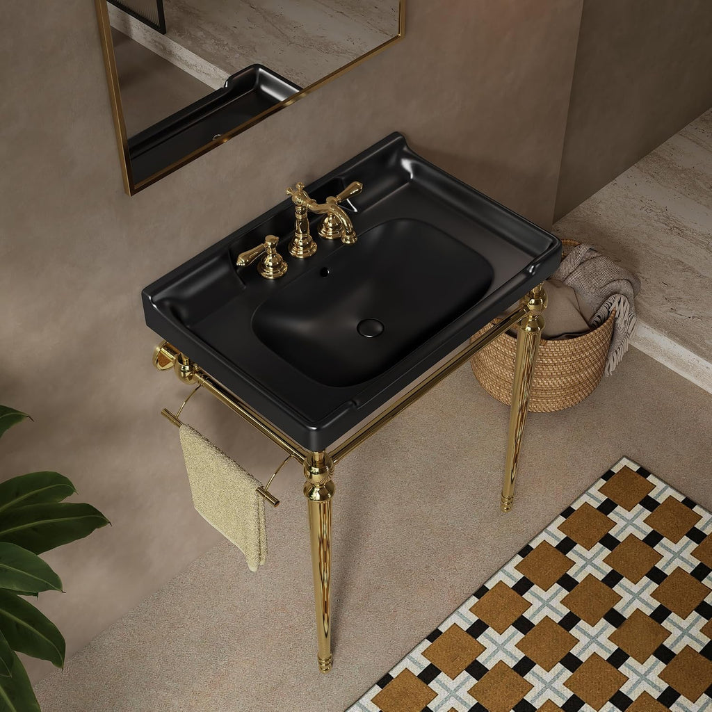 28' Bathroom Console Sink, Wall Mounted Black Ceramic Vanity Basin with 3 Pre drilled Faucet Holes, Freestanding Stainless Steel Support Legs with Towel Bar, No Faucet Sink Cover, Gold Color