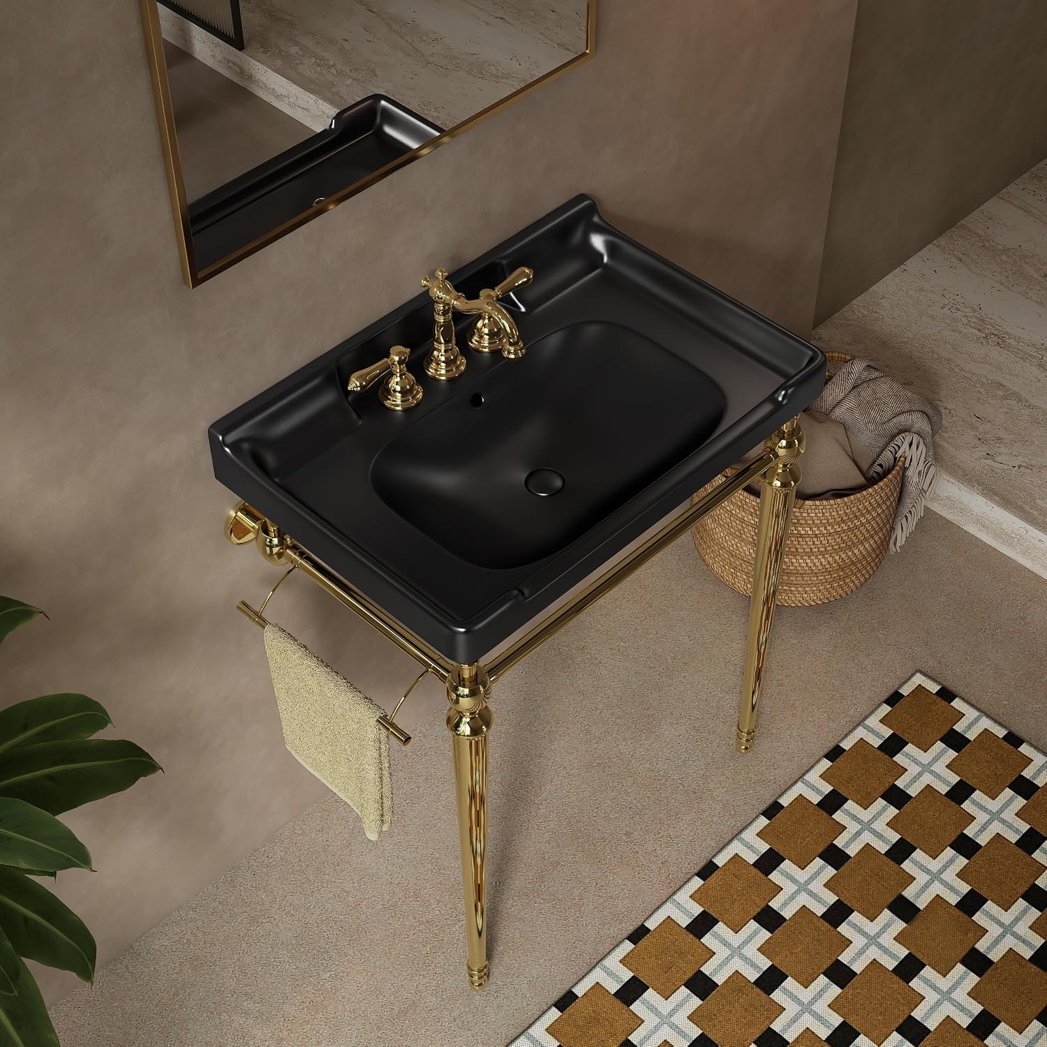 28' Bathroom Console Sink, Wall Mounted Black Ceramic Vanity Basin with 3 Pre drilled Faucet Holes, Freestanding Stainless Steel Support Legs with Towel Bar, No Faucet Sink Cover, Gold Color
