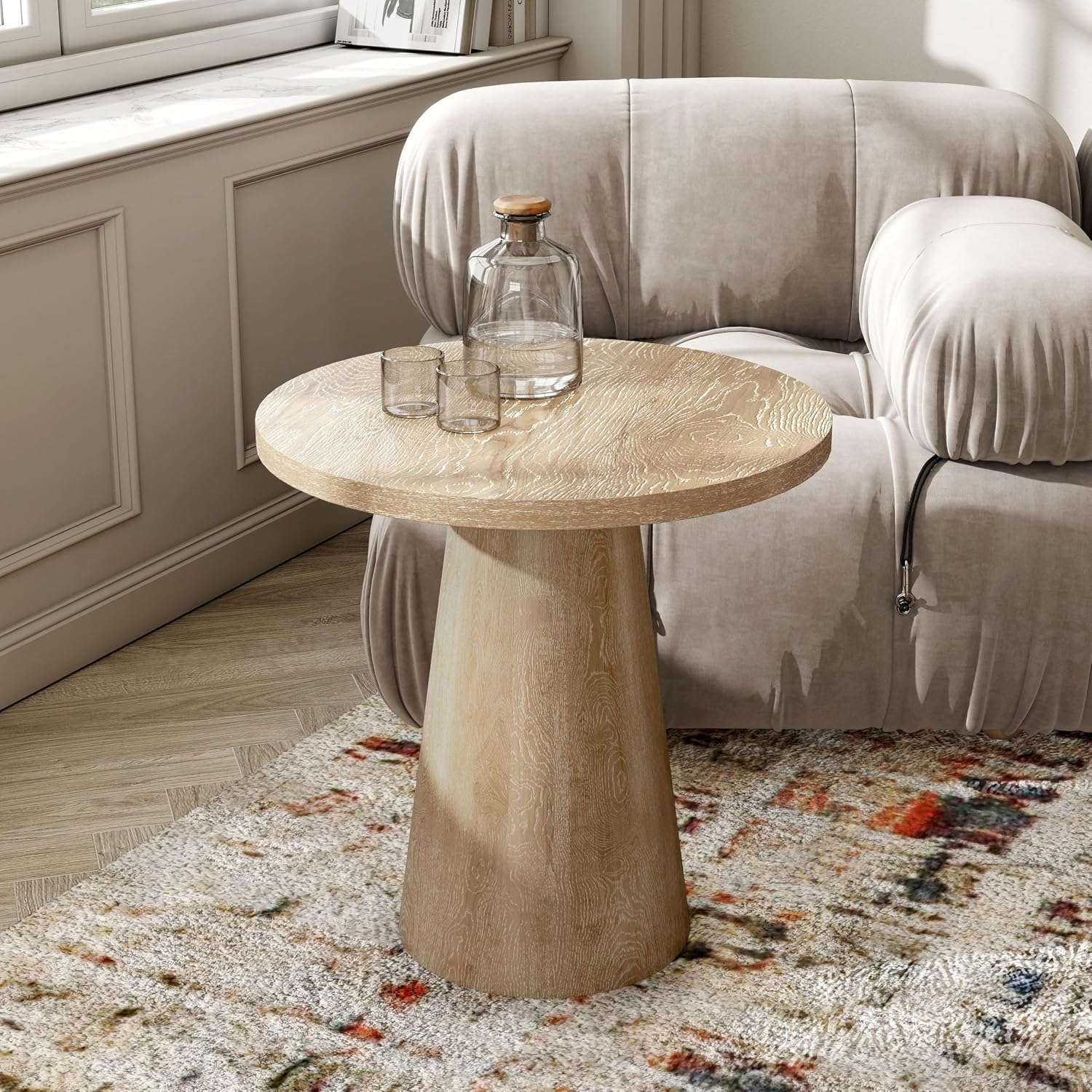 Furniture of America Crambel Modern Solid Wood 2-Piece Brown 29-inch Round End Table Set with Cone-Shaped Pedestal Base for Small Space, Living Room, Home Office, Oak