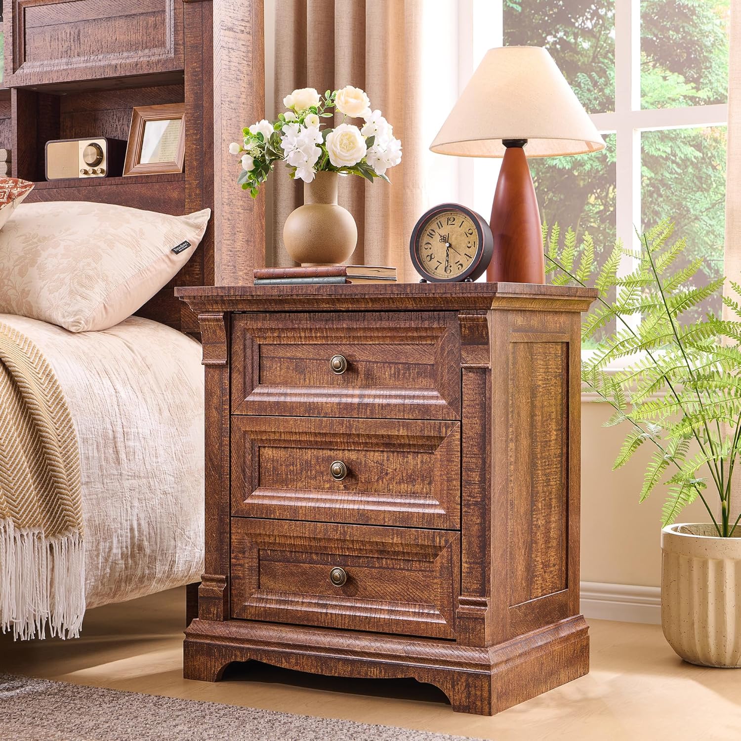 Farmhouse Nightstand Set of 2, 24' End Table with 3 Drawers Storage, Wood Side Table w/Roman Column, End Tables Living Room Set Of 2, Bedside Cabinet for Bedroom, Living Room, Reclaimed Barnwood