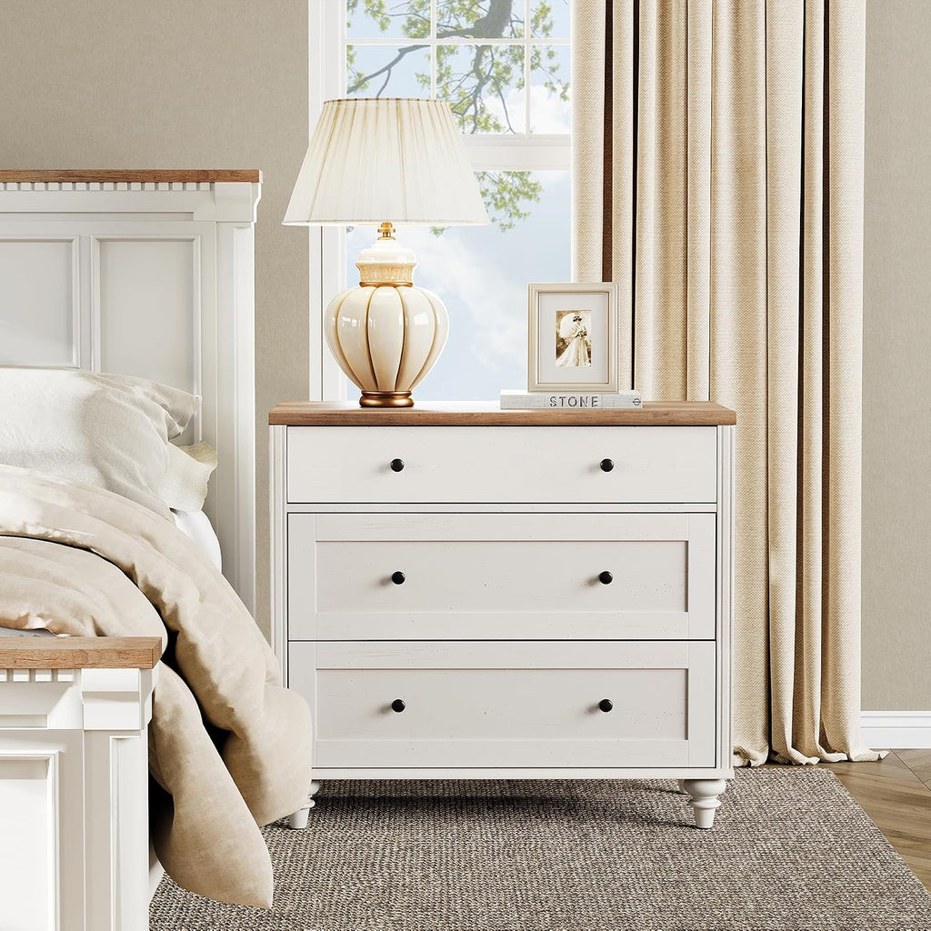 WAMPAT Farmhouse End Table with 3 Drawers, Large Wood Bedside Table Night Stand, Wide Sofa Side End Table 3 Drawers Chest, White