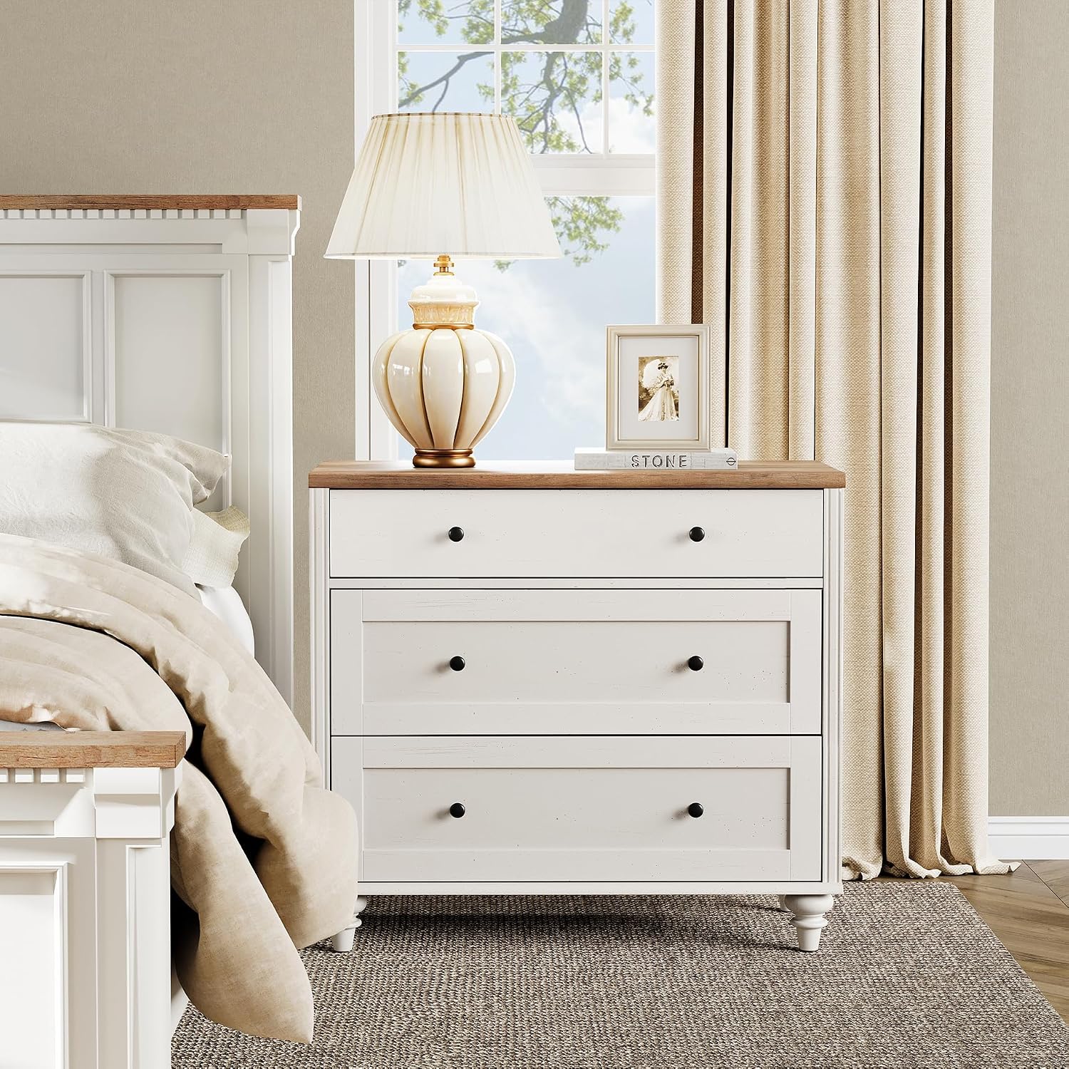 WAMPAT Farmhouse Set of 2 End Table with 6 Drawers, Large Mid Century Modern Wood Bedside Table Night Stand, Wide Sofa Side End Table 6 Drawers for Living Room, Bedroom, White