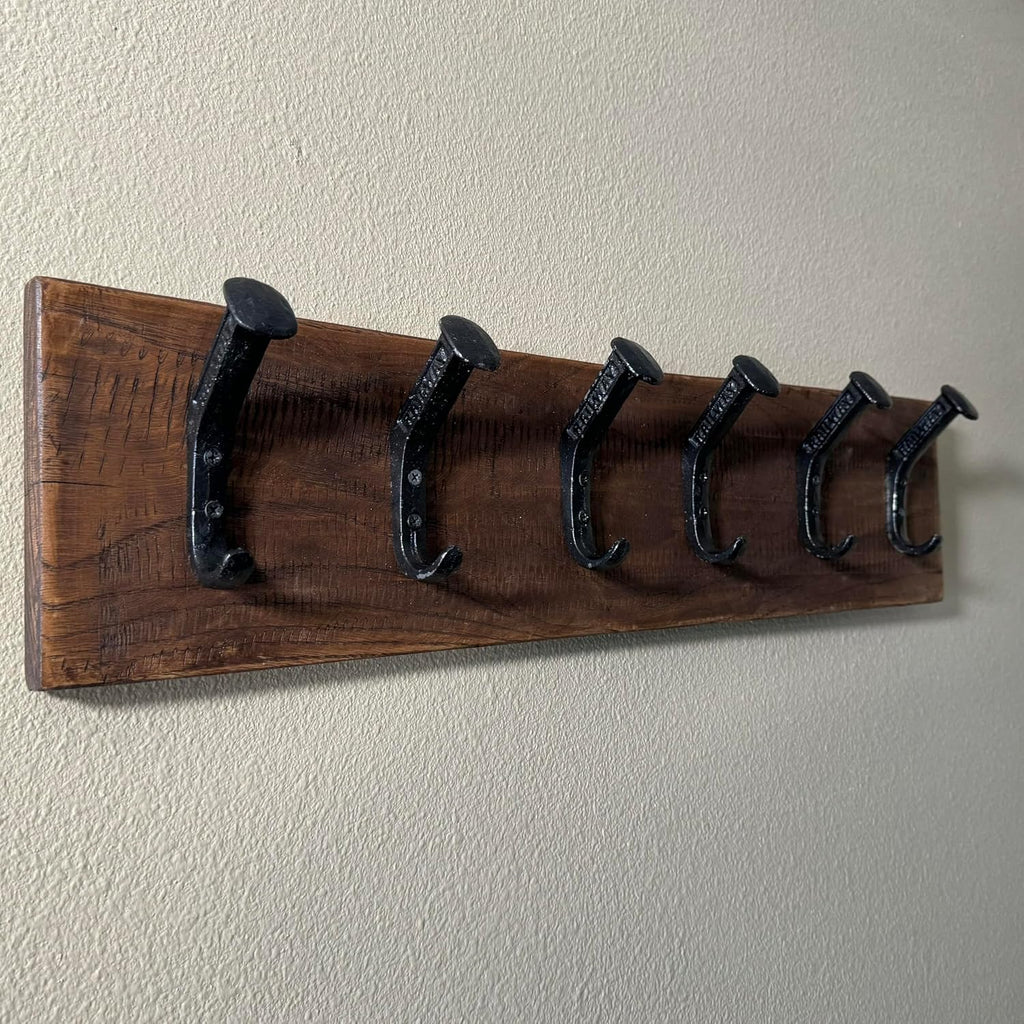 Magnolia Oaks Woodshop Rustic Reclaimed Wooden Wall Coat & Hat Rack - 10 Hooks / 45' Long - Farmhouse Handmade Wood Wall Rack with Railroad Spike Hooks