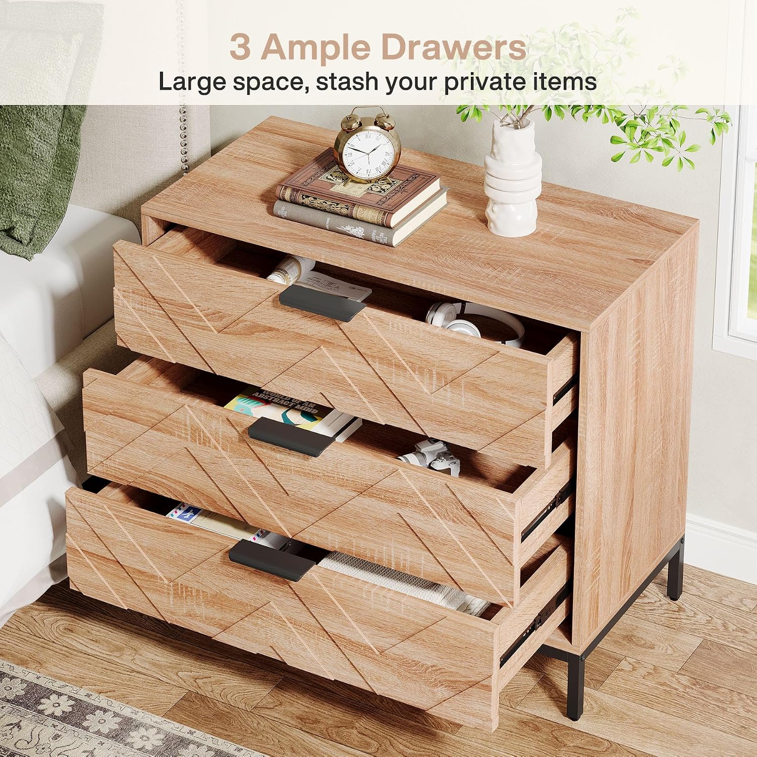 Tribesigns Wooden Nightstand Set of 2 with 3 Drawers, 31' Wide Night Stand with Metal Legs, Modern Large Bedside End Table for Bedroom, Living Room