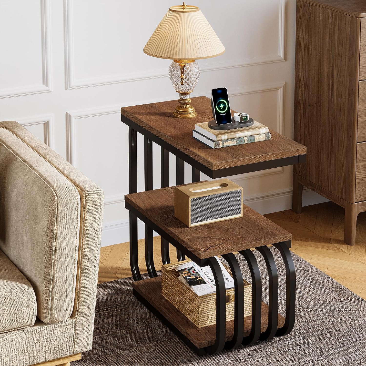 Tribesigns Small End Table, Narrow Side or Bedside Stand, 3 Tier Design Accent Table with Metal Frame, Industrial Vintage Nightstand for Living Room, or Small Spaces (2, Brown)