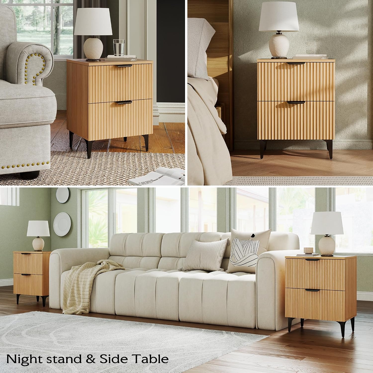 SUNWAVE Fluted Nightstand Set of 2, Modern Night Stands with 2 Drawers, Bedside Table for Twin/Full/Queen Bed, End Table with Robot-Friendly Metal Legs for Bedroom, Living Room