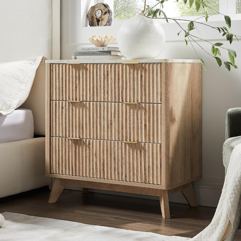 T4TREAM Fluted 3 Drawers Nightstand, Oversized Extra Large Modern Side Table with Faux Marble Top, End Table Bedside for Bedroom, Living Room, Curved Profile Design, Natural Oak | Fluted