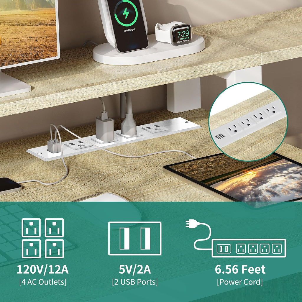 YITAHOME L Shaped Desk with 3 Drawers, 65' Corner Computer Desk with Power Outlets & LED Lights, L-Shaped Desk with File Cabinet & Printer Stand for Home Office, White & Oak