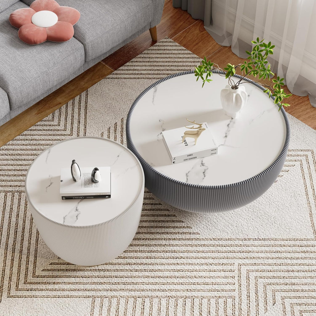 Modern Round Coffee Table Set of 2 Luxury Sintered Stone Top Coffee End Table in Grey/White Leatherette Creative Bowl-Shape Small Coffee Side End Tables for Living Room,Fully Assembled