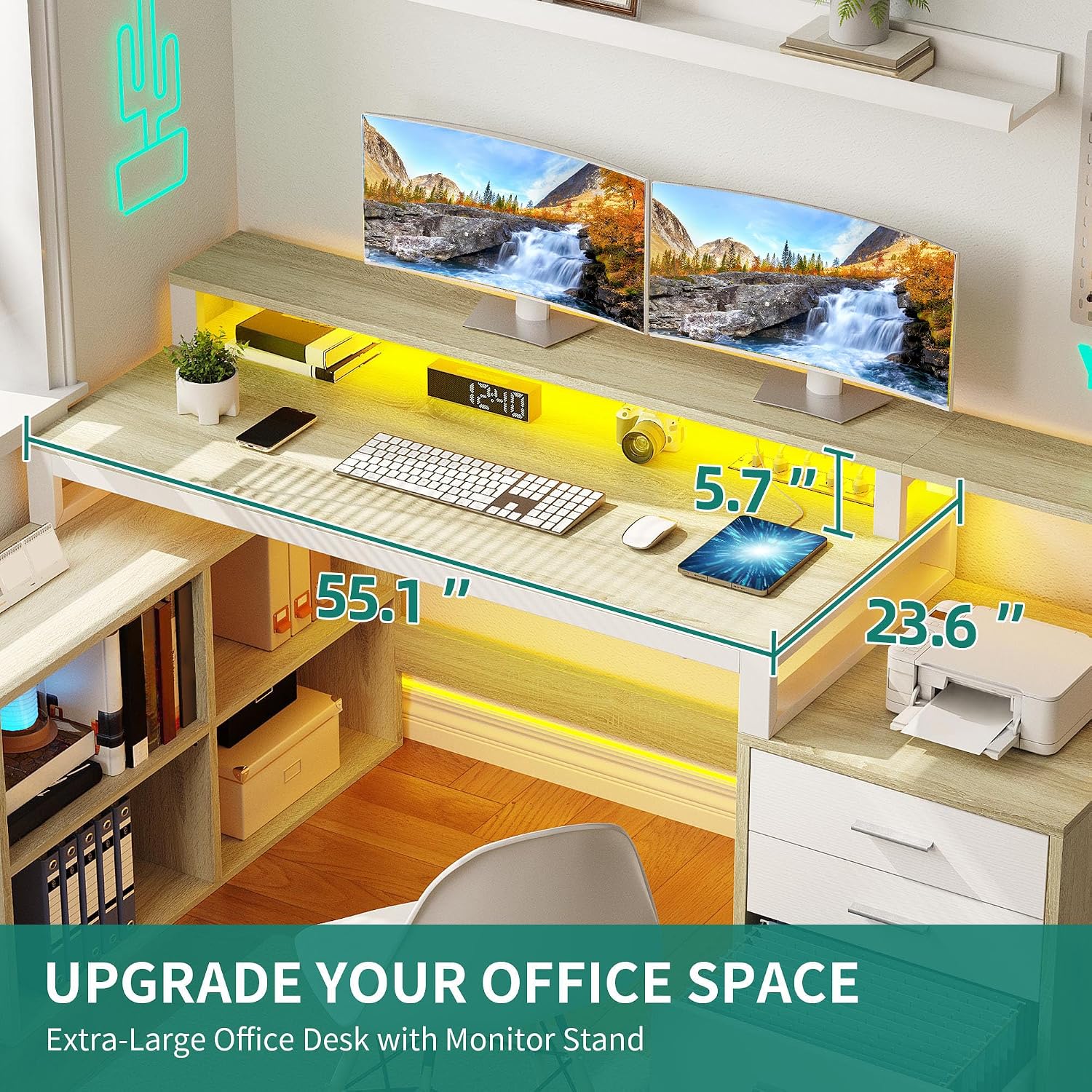 YITAHOME L Shaped Desk with 3 Drawers, 65' Corner Computer Desk with Power Outlets & LED Lights, L-Shaped Desk with File Cabinet & Printer Stand for Home Office, White & Oak