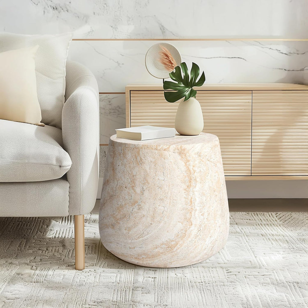 Empire Art Direct Barrel Travertine Stone Finish Italian Design MgO Side Accent Table, Living Room, Bedroom & Office, 18.8'x18.8'x16.1'