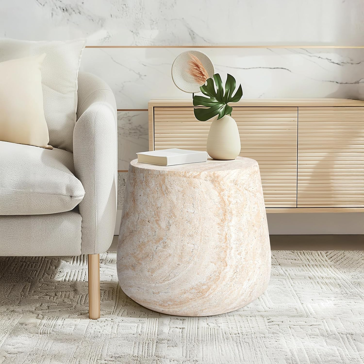Empire Art Direct Barrel Travertine Stone Finish Italian Design MgO Side Accent Table, Living Room, Bedroom & Office, 18.8'x18.8'x16.1'