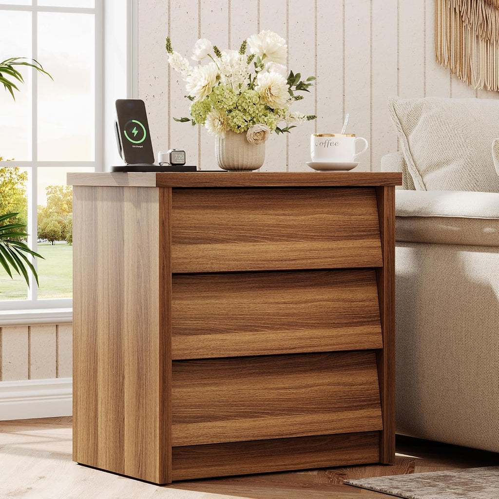23' Wide Nightstand Set of 2 with Charger Station, Wood Night Stand with 3 Drawers, Modern Bedside Table with USB Ports and Outlets, Storage Bed Side End Table for Bedroom, Living Room (Walnut)