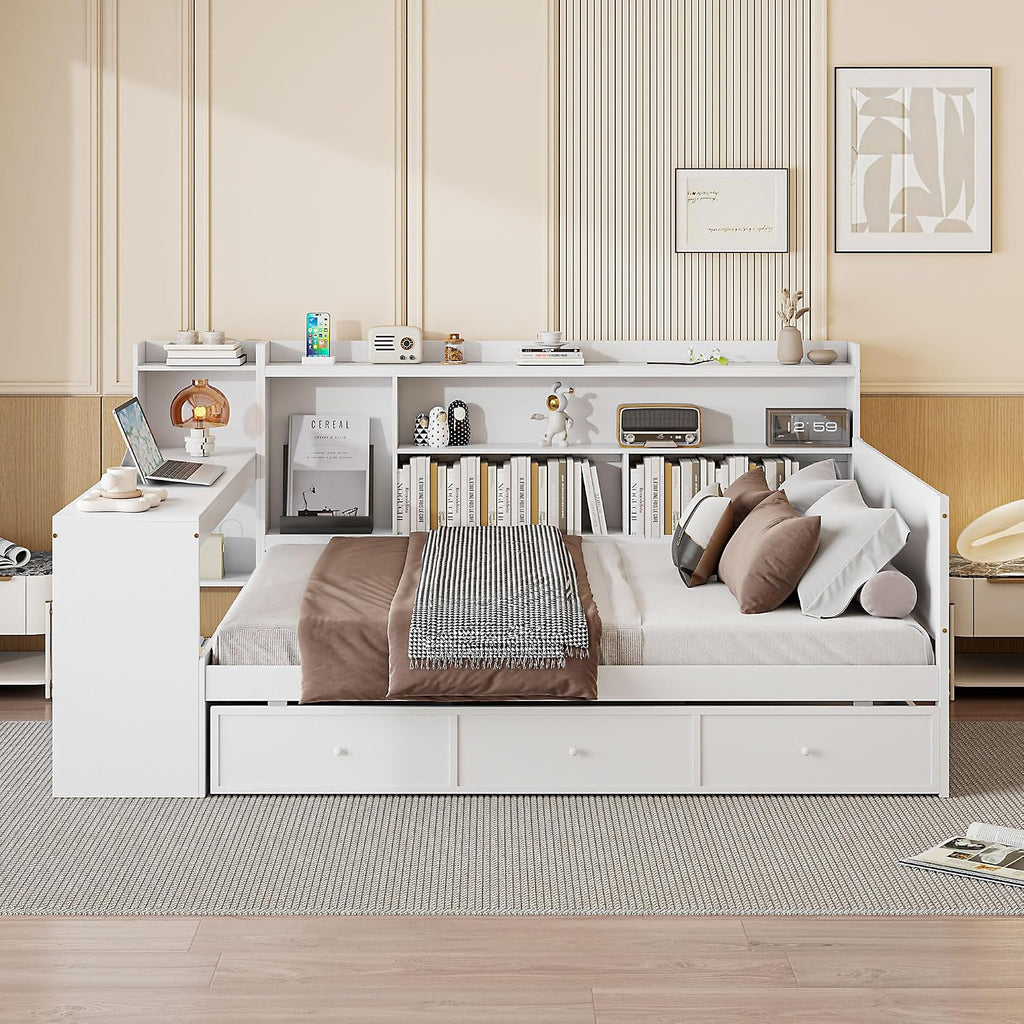 SOFTSEA Full Size Daybed with Storage Drawers & Bokcase, Wood Daybed with Desk, Bookcase & USB Ports for Kids Teens Adults, L Shaped Bed Frame with Convertible Headboard for Bedroom Living Room, White