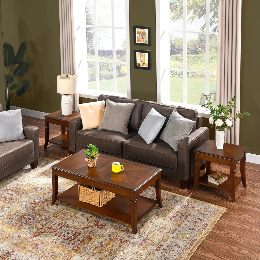 Solid Wood Coffee Table with Storage Shelf, Mid-Century Living Room Tables with Carved Tabletop and Leg, 43.3' Splicing Cocktail Center Sofa Table, Cherry Brown KFZ-DR200