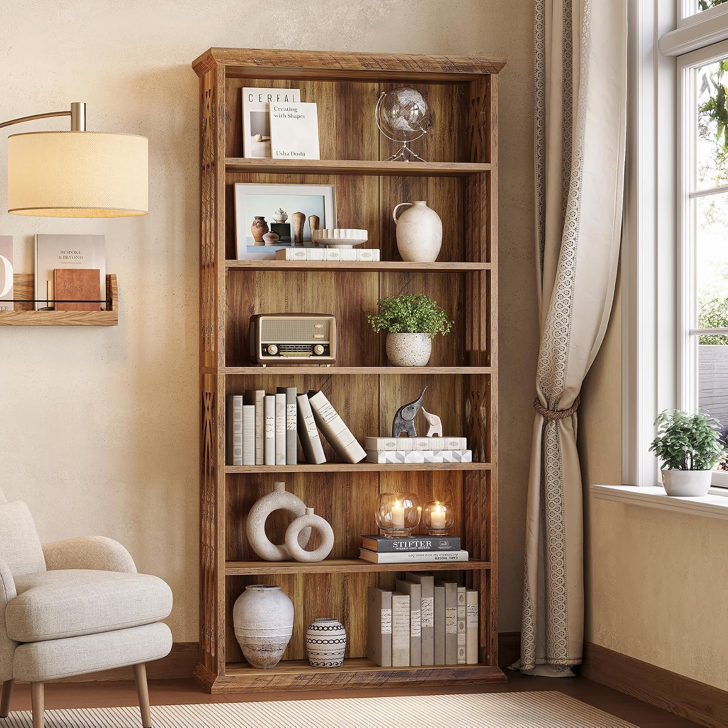 LITTLE TREE 6-Tier Bookcase, 75-Inch Farmhouse Bookshelves and Bookcases, Floor Standing 6 Shelf Wooden Display Storage Shelves Tall Bookcase for Home Office, Living Room, Bed Room, Brown