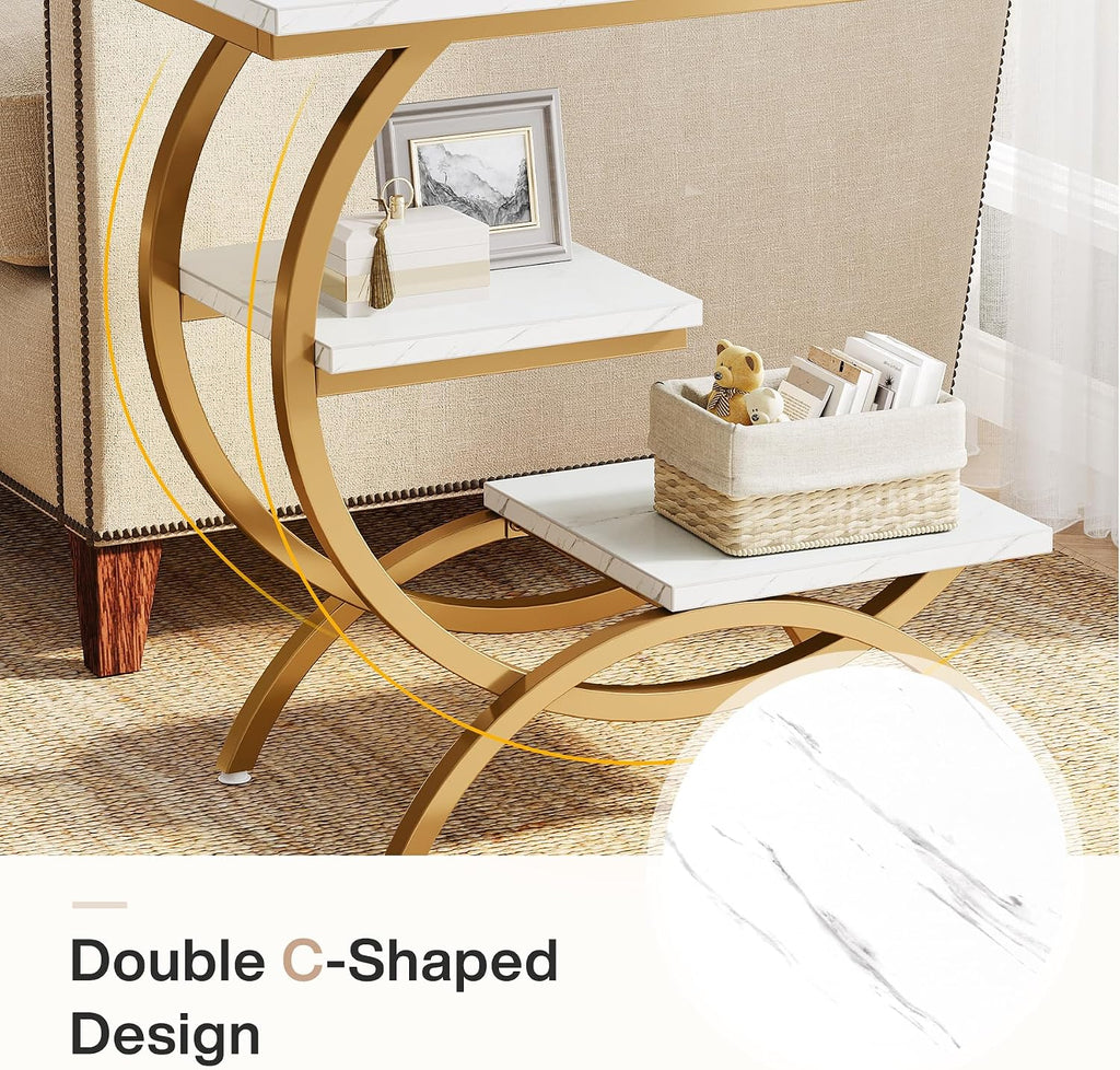 Tribesigns C-Shaped End Table Set of 2, Industrial 3-Tier Small Side Table for Couch, Wood Bedside Table Snack Side Table with Storage Shelves for Living Room Small Space, White Gold