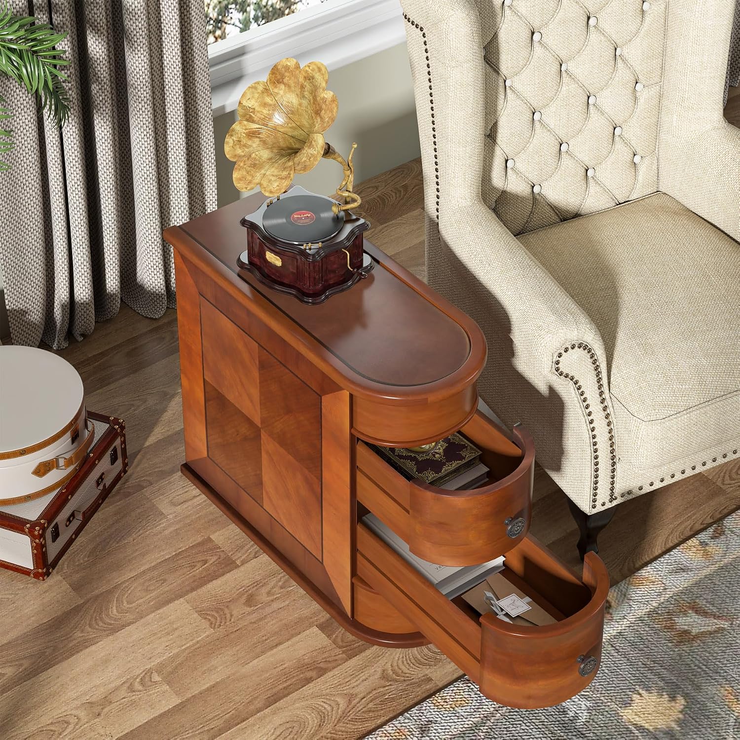 Tribesigns Wood End Table Set of 2, Narrow Solid Side Table 2-Drawer Slim Chair Side Table, No Assembly Required, Finished Back