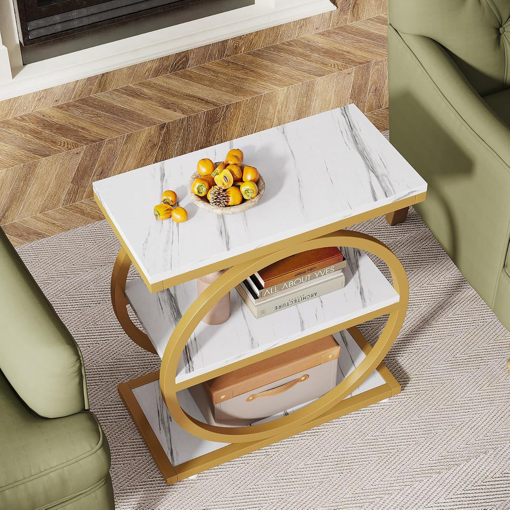 Tribesigns End Table with Storage Shelves Pack of 2, 3-Tier Wooden Industrial Sofa Side Table with Black Metal Frames for Living Room, Slim Nightstand and Bedside Table for Bedroom, White & Gold
