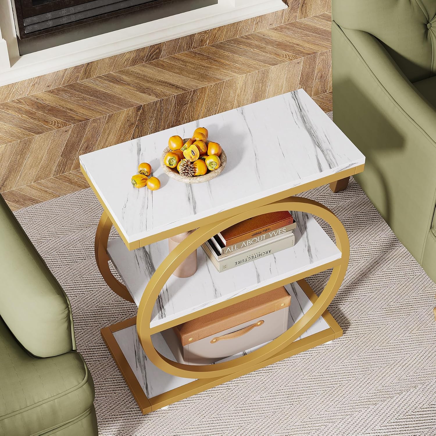 Tribesigns End Table with Storage Shelves Pack of 2, 3-Tier Wooden Industrial Sofa Side Table with Black Metal Frames for Living Room, Slim Nightstand and Bedside Table for Bedroom, White & Gold
