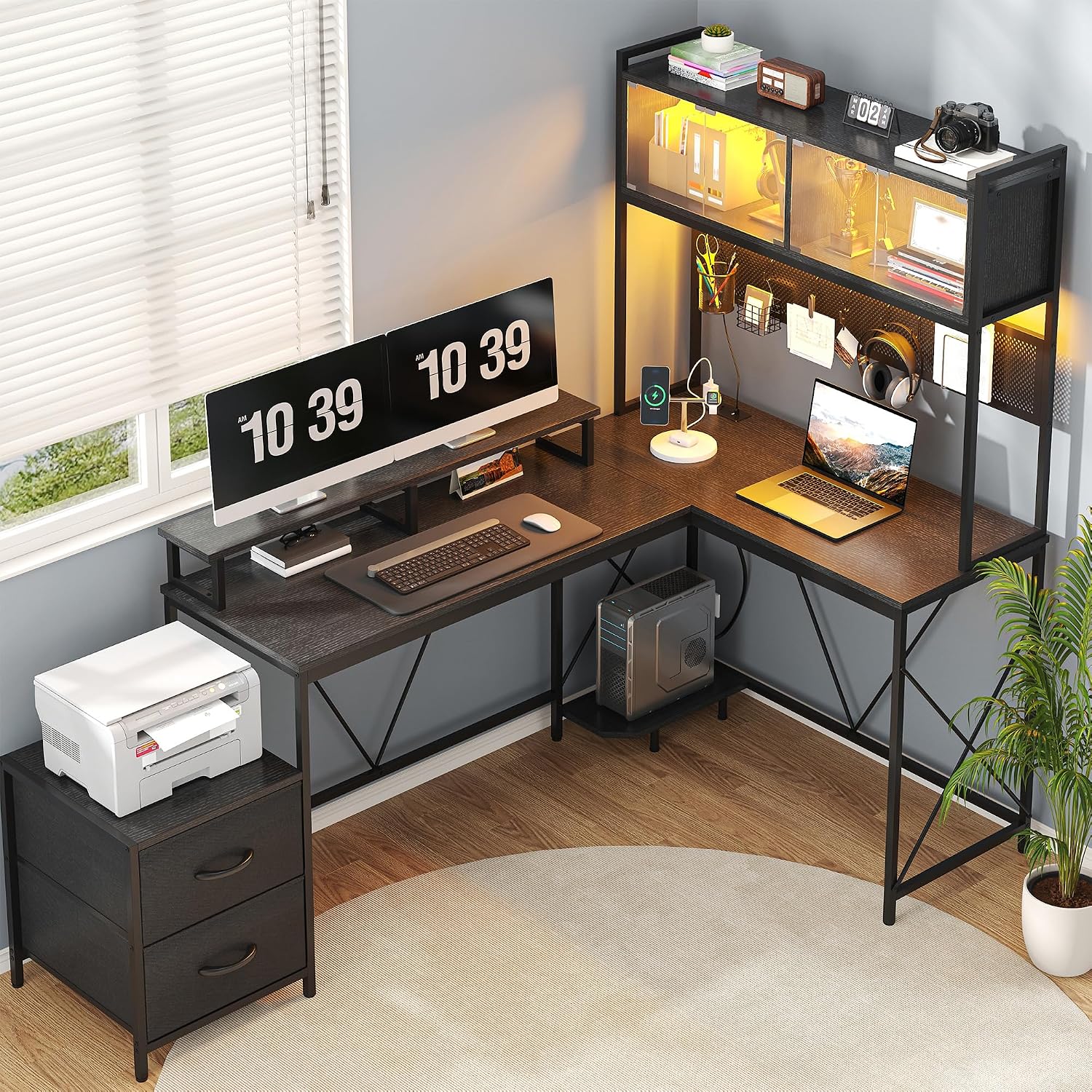 kepptory L Shaped Gaming Desk with 2 Drawers and Hutch, Home Office Computer Desk with Computer Stand and Pegboard, Corner Desk with Printer Desktop&Power Outlet, Black