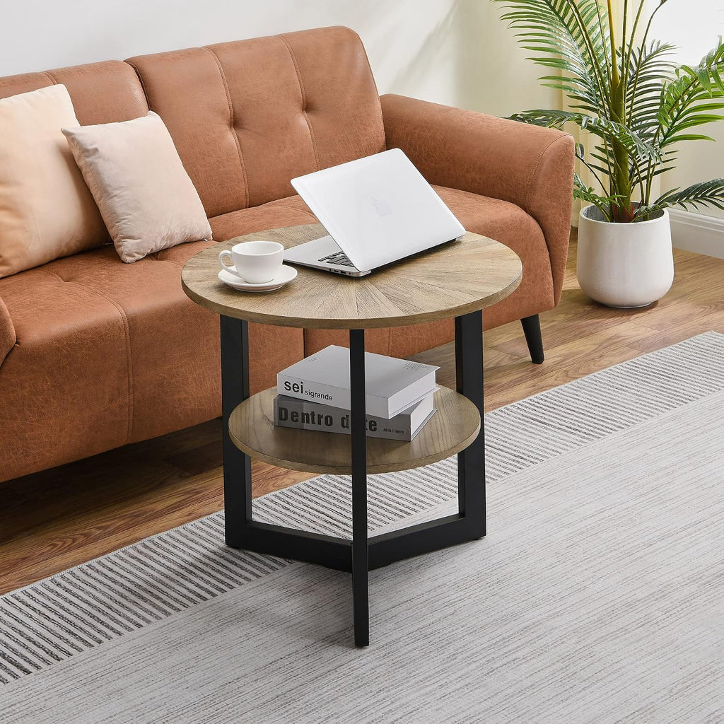 Round Large End Table with 2 tire Storage Shelf, 25.2' Solid Wood Sofa Side Table with Black Metal Frame, Beside Table for Living Room,Small Space Rustic Natural CJZ1338
