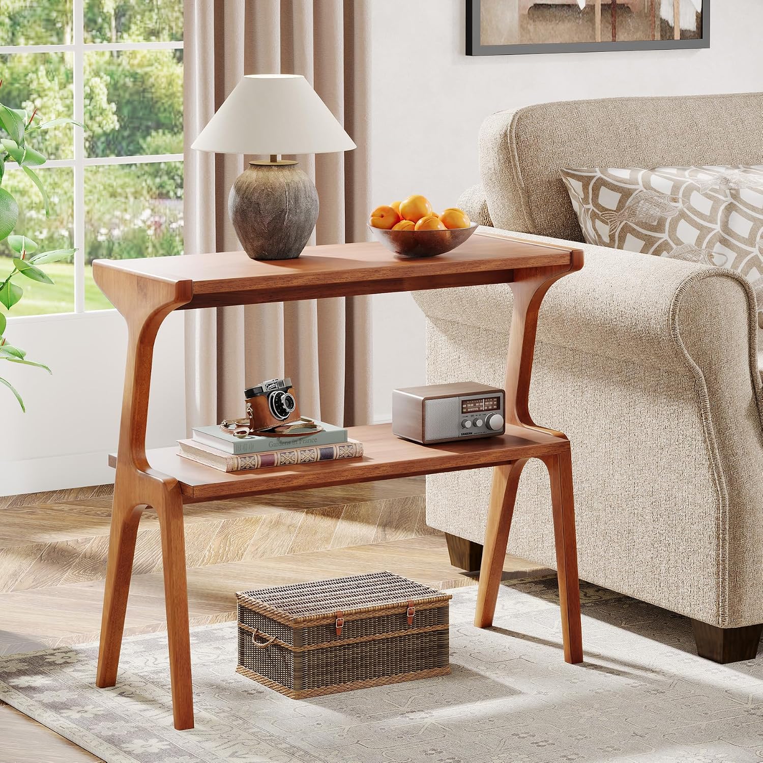 Tribesigns Set of 2 Solid Wood End Table, Modern Side Table for Couch, 2-Tier Narrow Tall End Table, Long Bedside Table for Living Room, Bedroom, Walnut
