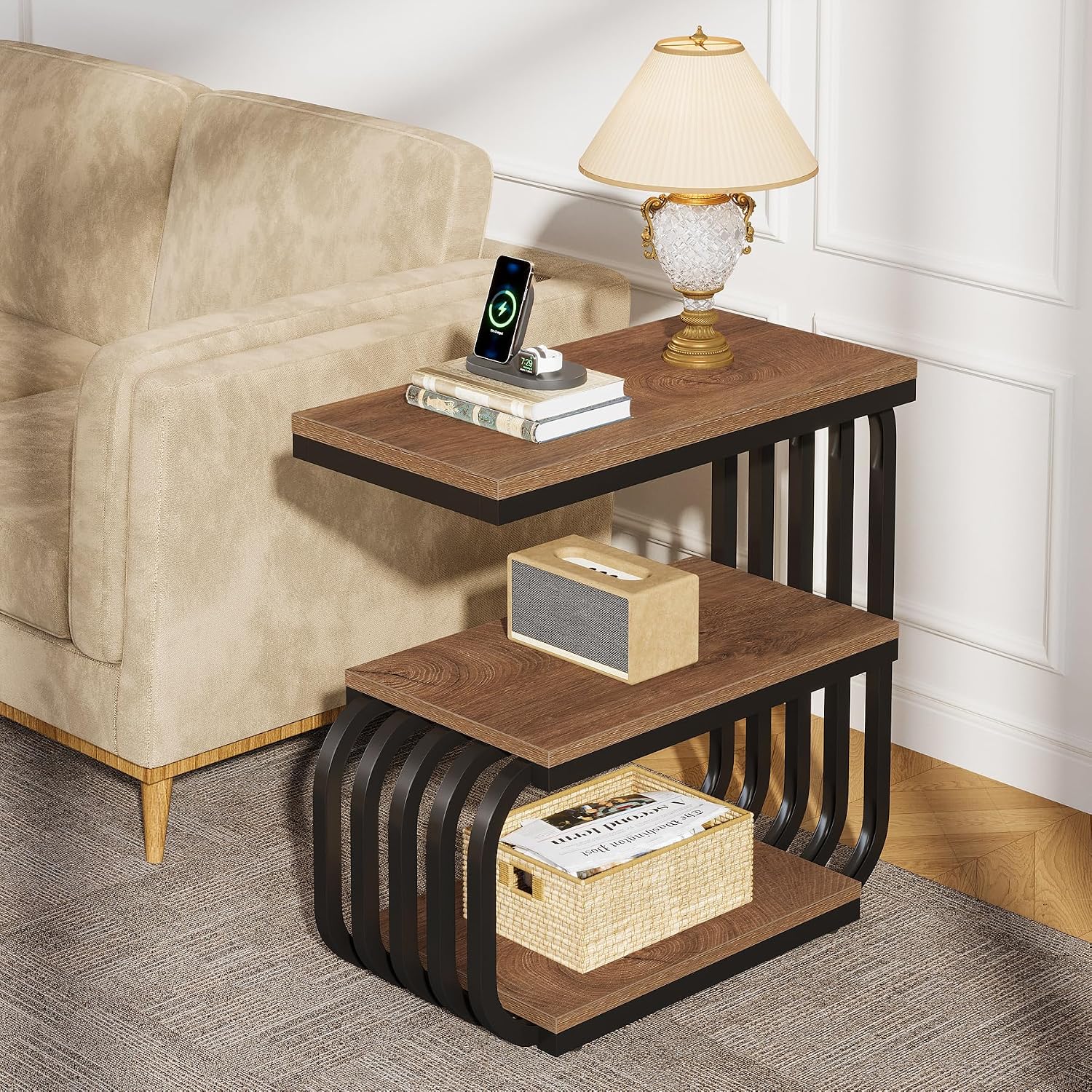 Tribesigns Small End Table, Narrow Side or Bedside Stand, 3 Tier Design Accent Table with Metal Frame, Industrial Vintage Nightstand for Living Room, or Small Spaces (2, Brown)