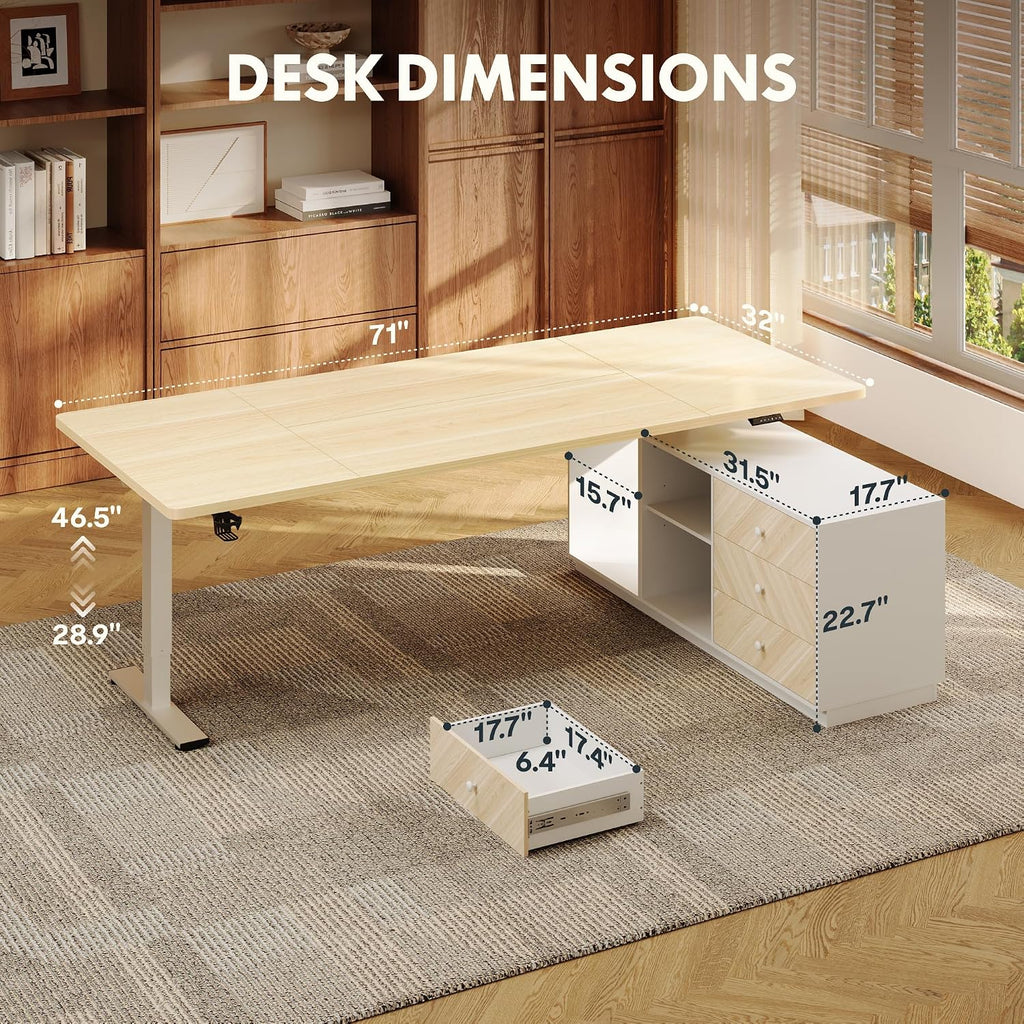 FLEXISPOT L Shaped Standing Desk with Drawers, Large Electric Height Adjustable Executive Desk, Sit Stand Desk for Home Office and Workstation, PC Cabinet (71'x32' White Wood Grain)