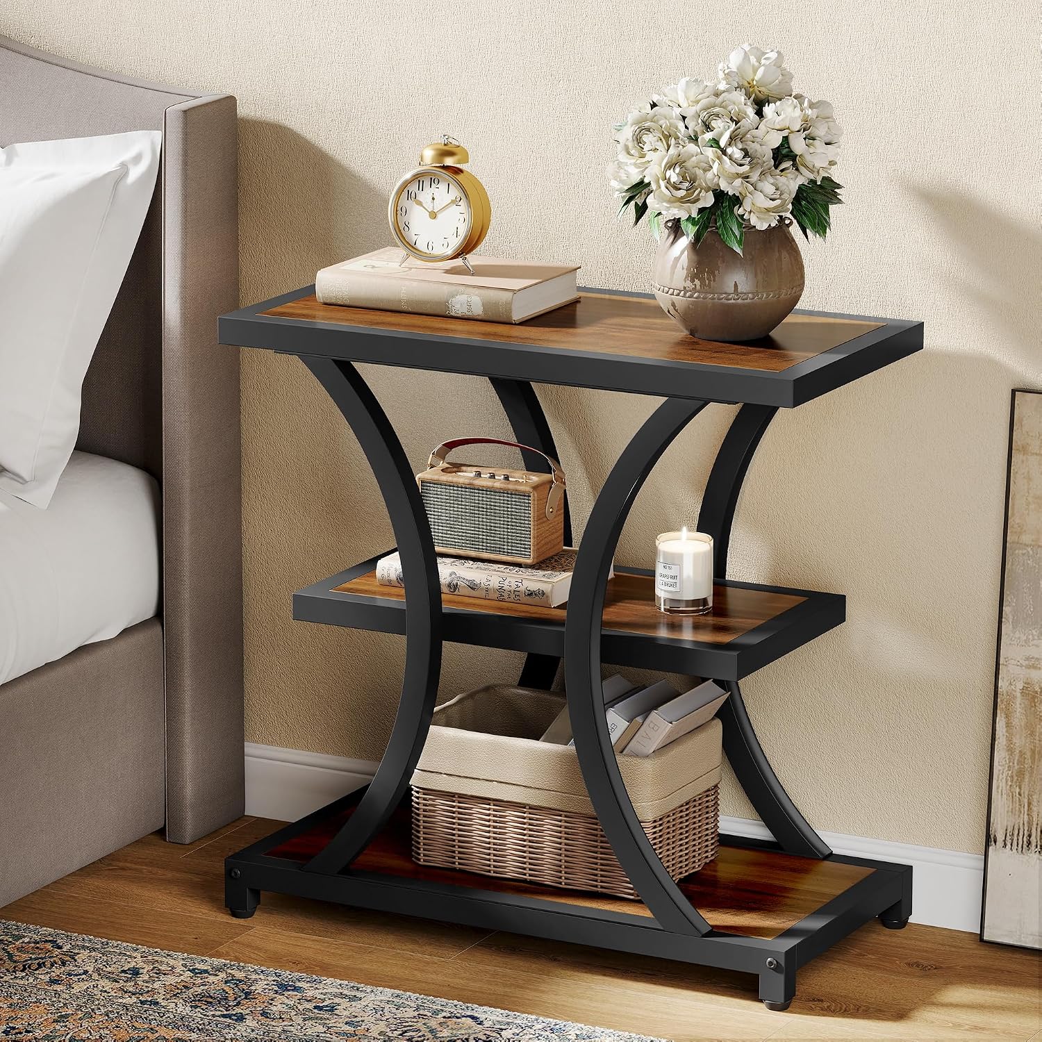 Tribesigns End Table Set of 2, 3-Tier Side Table with Geometric Metal Design, Industrial Nightstand for Small Spaces, Living Room, Bedroom, Study Room (Rustic Brown)