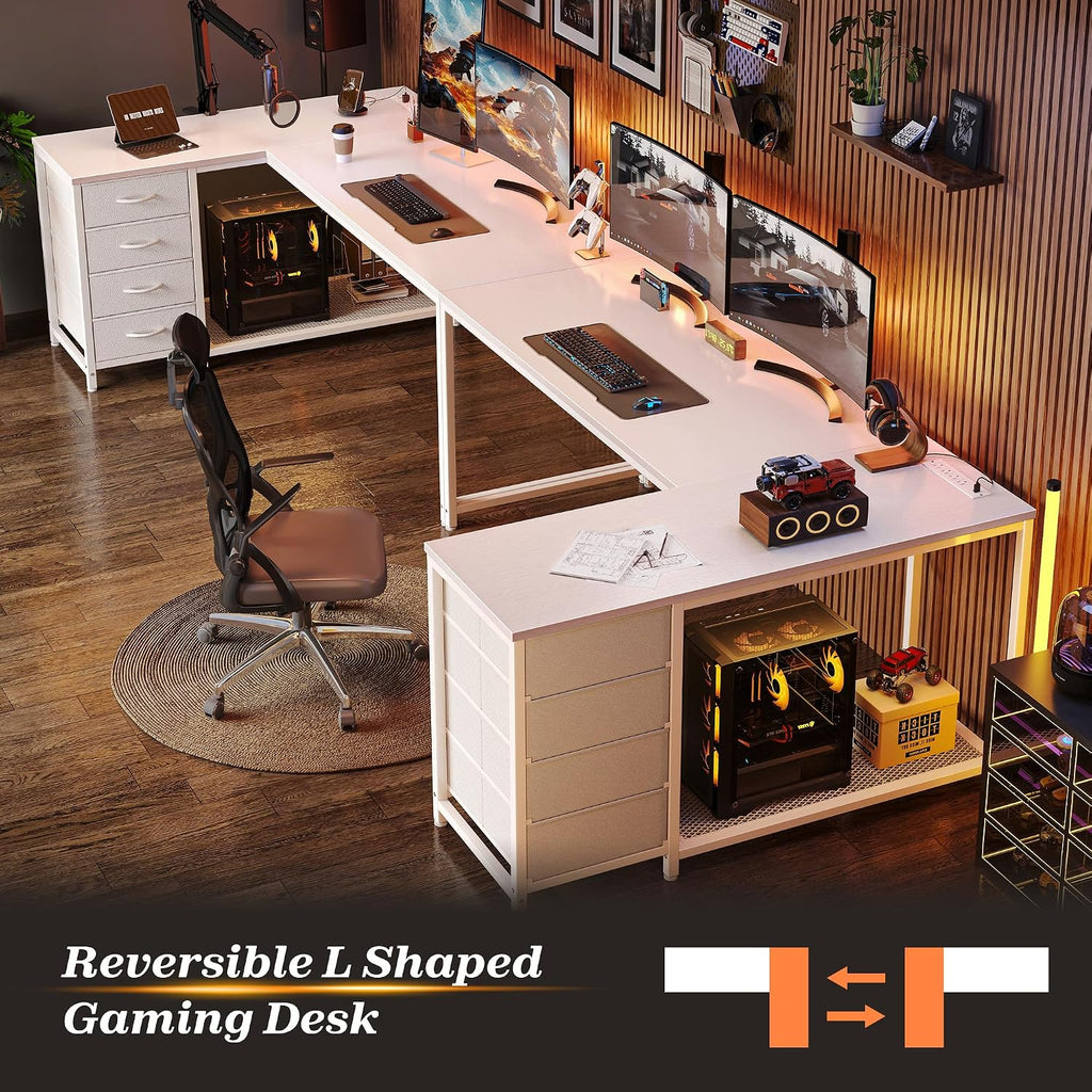 PRAISUN 61' L Shaped Desk with Power Outlets & USB-C Port, Reversible Computer Corner Office Desk with 4 Fabric Drawers and 2 Storage Shelves, Large Desk for Gaming Writing Study, White