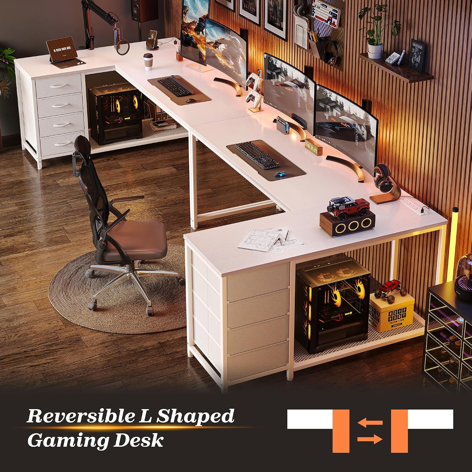 PRAISUN 61' L Shaped Desk with Power Outlets & USB-C Port, Reversible Computer Corner Office Desk with 4 Fabric Drawers and 2 Storage Shelves, Large Desk for Gaming Writing Study, White