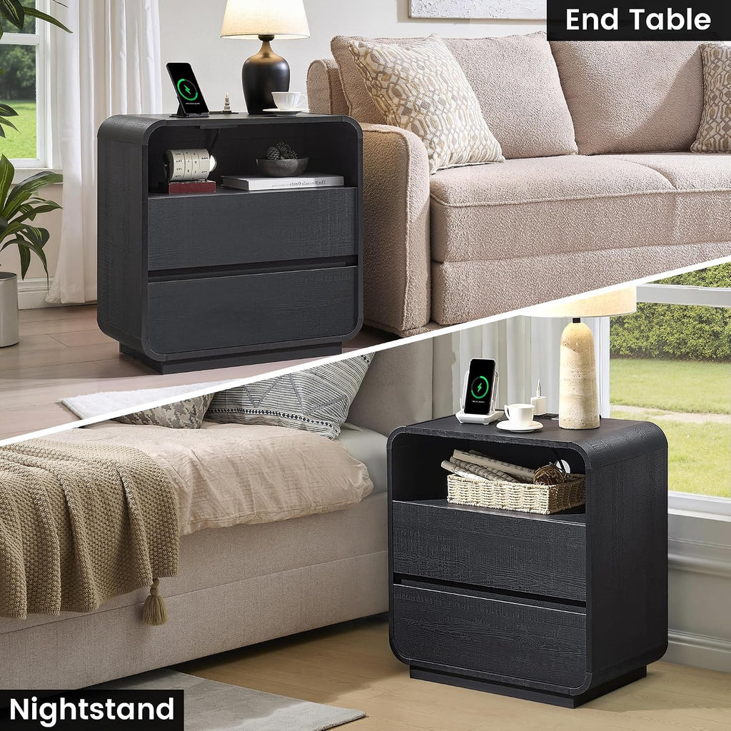 Standifurno Curved Black Nightstand with Charging Station, 25' Tall Wood Night Stand, Modern Bedside Table with 2 Storage Drawers, End Table for Bedroom, Dorm, Sofa, Office