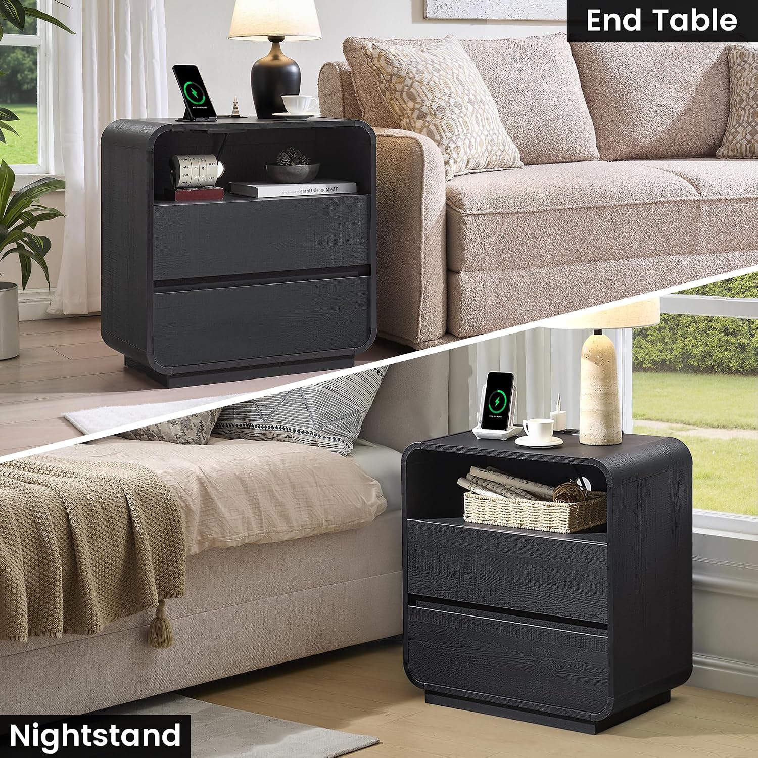 Standifurno Curved Black Nightstand with Charging Station, 25' Tall Wood Night Stand, Modern Bedside Table with 2 Storage Drawers, End Table for Bedroom, Dorm, Sofa, Office