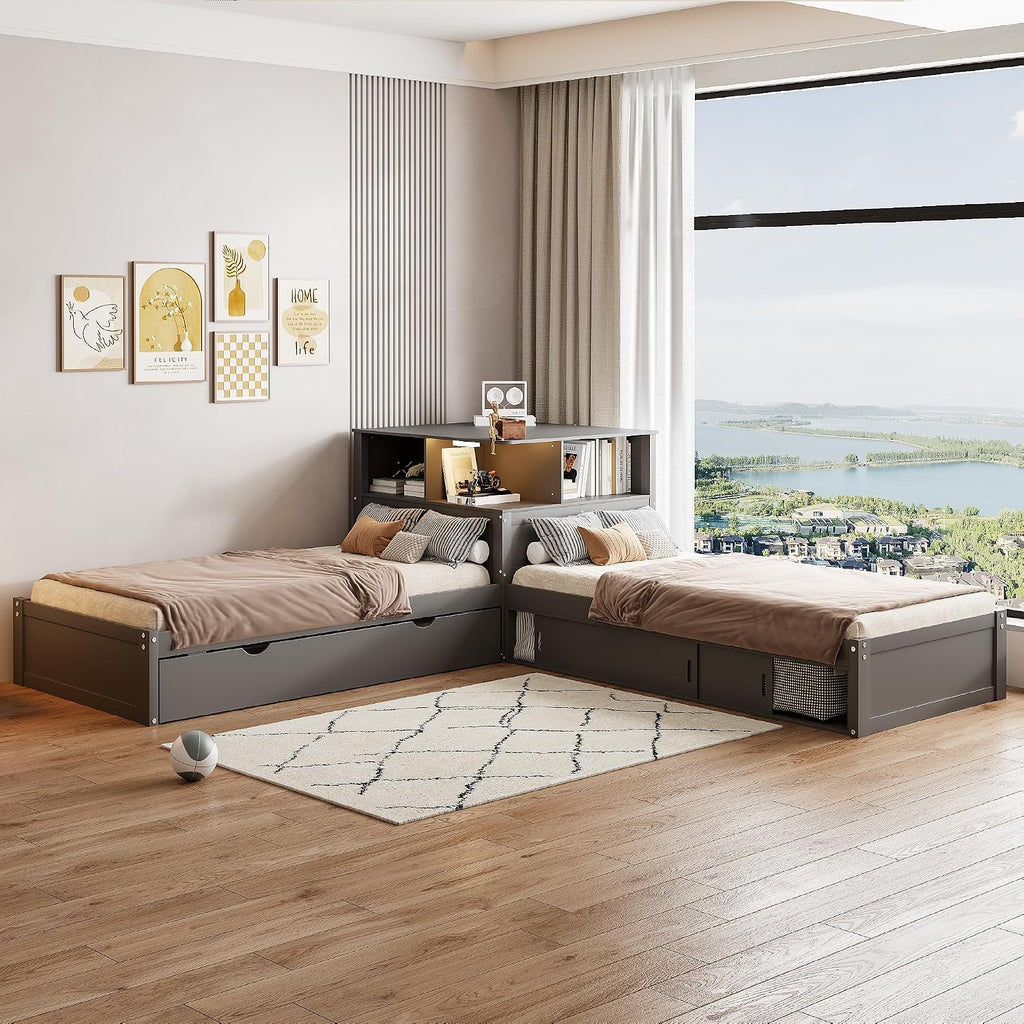 Ball & Cast Twin Size L-Shaped Platform Bed with Storage Cabinets and Multifunctional Desk,Wood Corner Daybed w/Trundle & LED Light,No Box Spring Needed,for Bedroom,Guest Room,Living Room,Grey