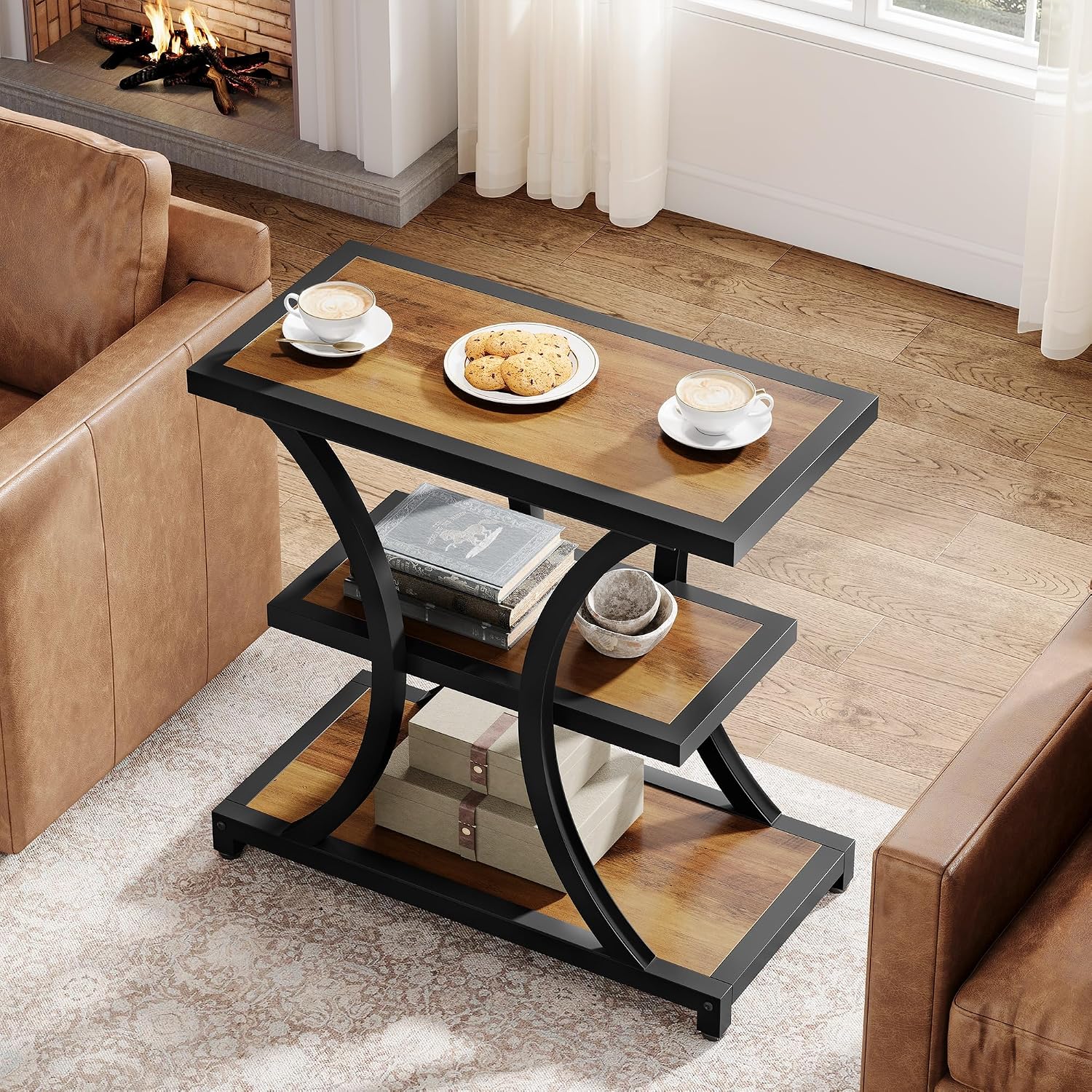 Tribesigns End Table Set of 2, 3-Tier Side Table with Geometric Metal Design, Industrial Nightstand for Small Spaces, Living Room, Bedroom, Study Room (Rustic Brown)