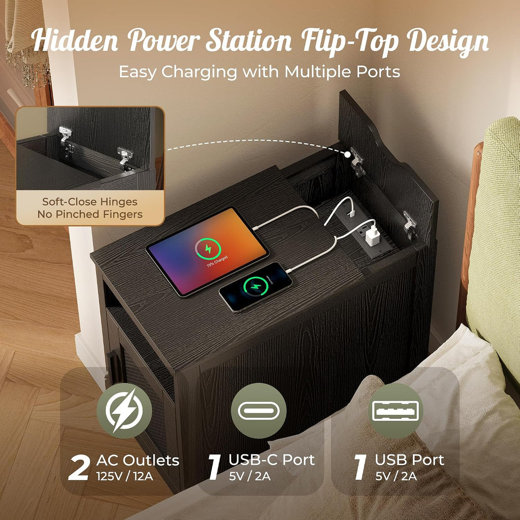 Huuger Narrow Night Stand Set of 2, End Table with Charging Station, USB-C Port, Rattan Side Table with Cabinet and Open Shelf, Synthetic Rattan, for Small Spaces, Bedroom, Black