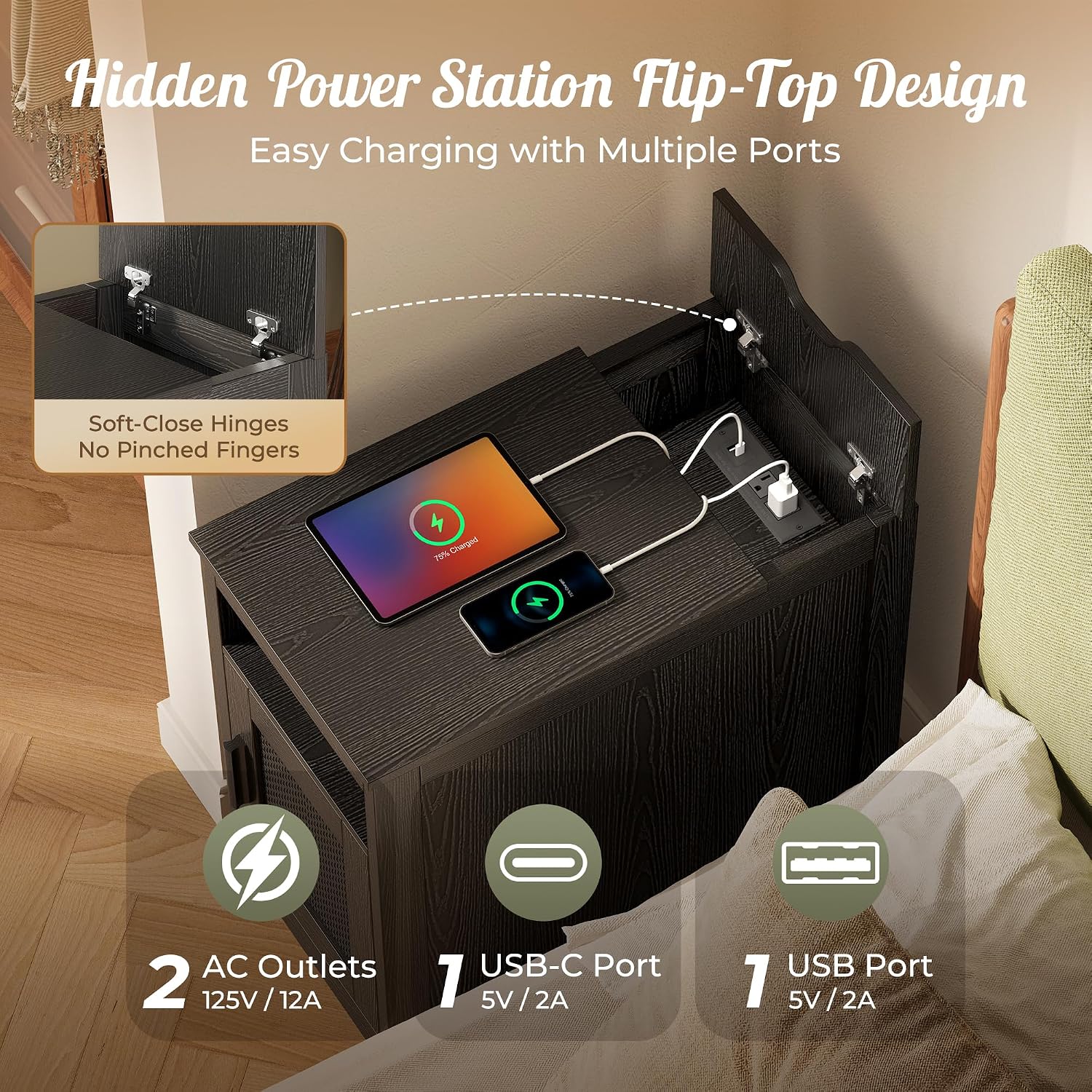 Huuger Narrow Night Stand Set of 2, End Table with Charging Station, USB-C Port, Rattan Side Table with Cabinet and Open Shelf, Synthetic Rattan, for Small Spaces, Bedroom, Black