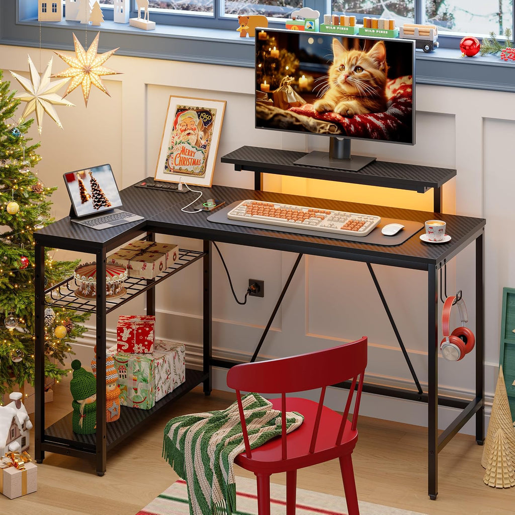 Bestier 52' Gaming Desk with Integrated Power Outlet & USB Ports, L-Shaped Computer Desk with LED Strip & Headphone Hooks, Perfect for Home Office Pink,Carbon Fiber Black