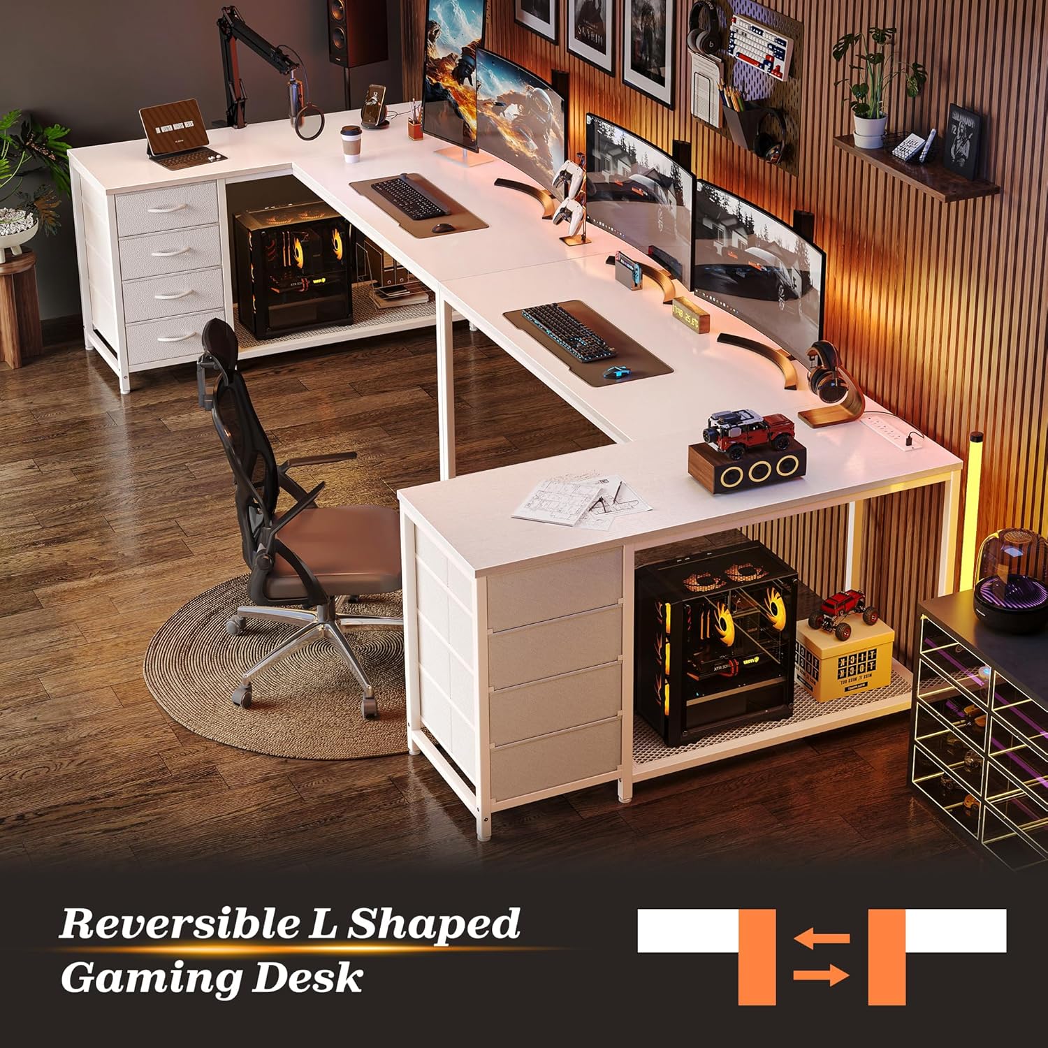 PRAISUN 53' L Shaped Desk with Power Outlets & USB-C Port, Reversible Computer Corner Office Desk with 4 Fabric Drawers and 2 Storage Shelves, Large Desk for Gaming Writing Work Study, White