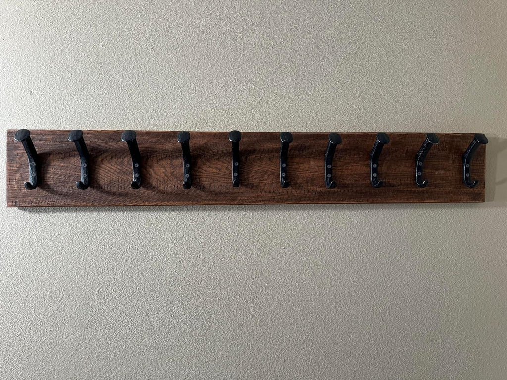 Magnolia Oaks Woodshop Rustic Reclaimed Wooden Wall Coat & Hat Rack - 10 Hooks / 45' Long - Farmhouse Handmade Wood Wall Rack with Railroad Spike Hooks