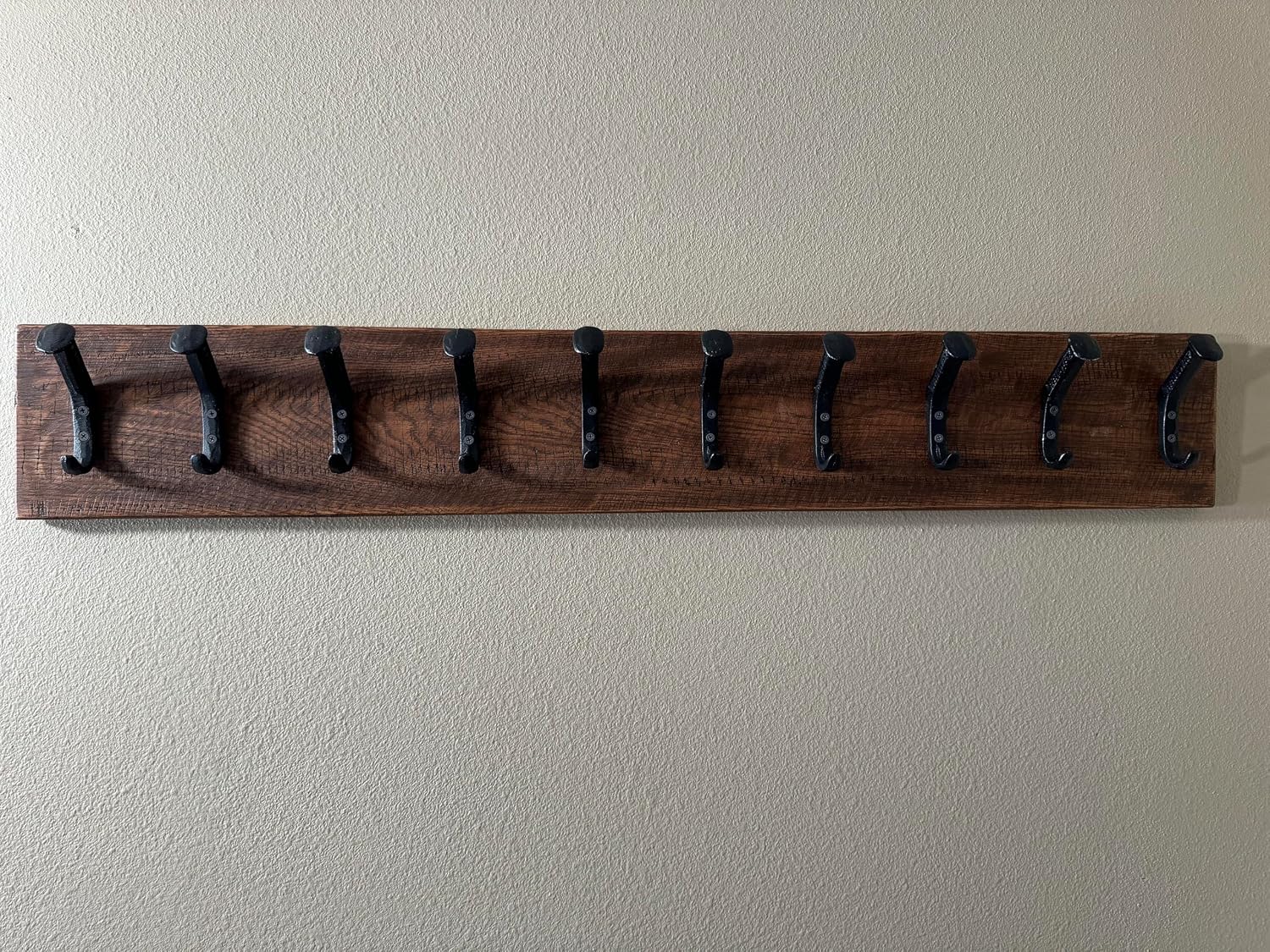 Magnolia Oaks Woodshop Rustic Reclaimed Wooden Wall Coat & Hat Rack - 10 Hooks / 45' Long - Farmhouse Handmade Wood Wall Rack with Railroad Spike Hooks