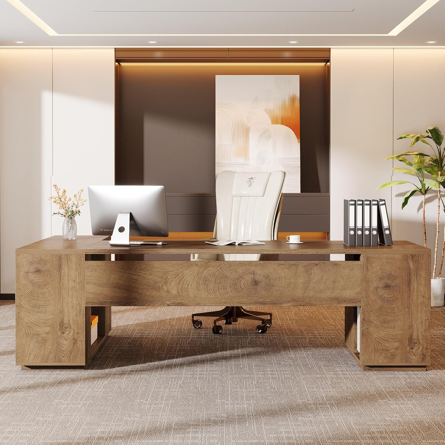 Tribesigns 85.8-Inch L-Shaped Executive Desk, Extra Large Modern Office Desk with File Drawers, Door Cabinet & Shelves, Commercial Office Table, Home Business Workstation, Natural Oak